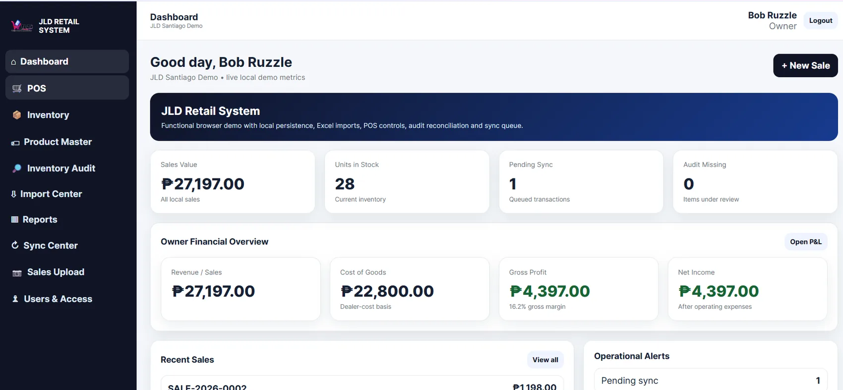 JLD Retail System dashboard
